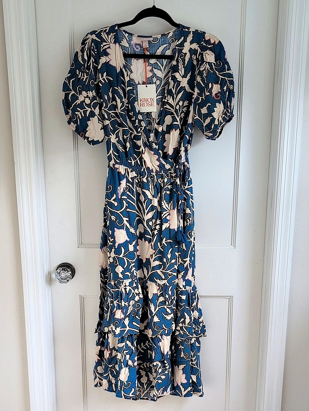 Knox Rose Blue Floral Faux Wrap Midi Dress with Tassels Medium NWT